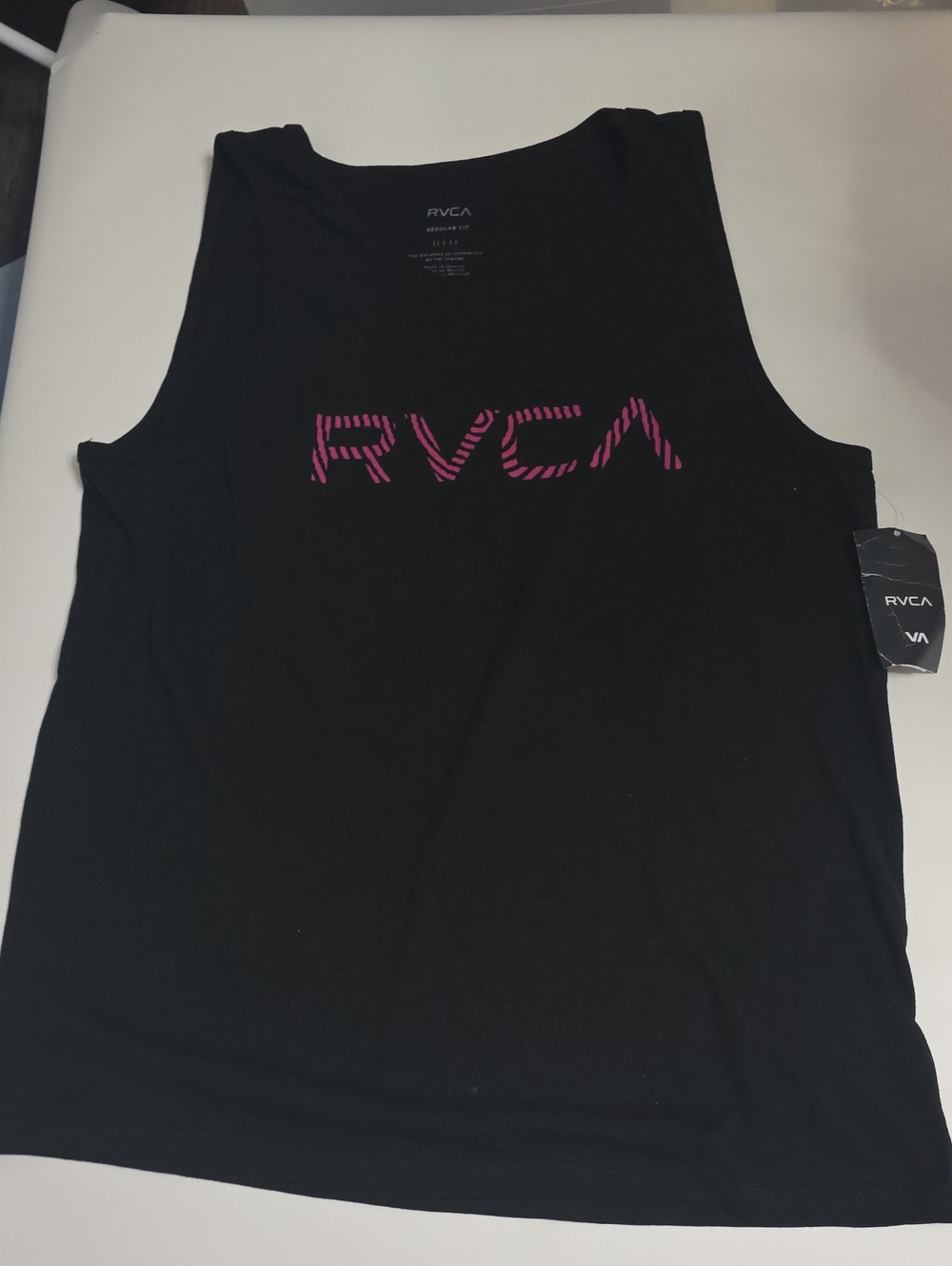 NWT Mens RVCA Tank Top Size Large On Black Base w/ Pink/Black RVCA Graphic.